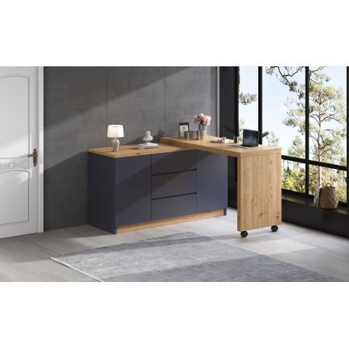Buffet/Bureau D'angle-plateau Pivotant De 4 Cm D'épaisseur-noir/chêne