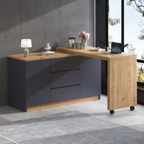 Buffet/Bureau D'angle-plateau Pivotant De 4 Cm D'épaisseur-noir/chêne