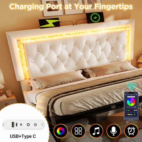 Lit Double 140x200 Cm-led-charge USB Et Type-c-espace De Rangement Hydraulique-en Velours-beige