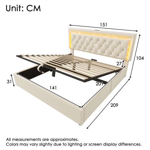 Lit Double 140x200 Cm-led-charge USB Et Type-c-espace De Rangement Hydraulique-en Velours-beige