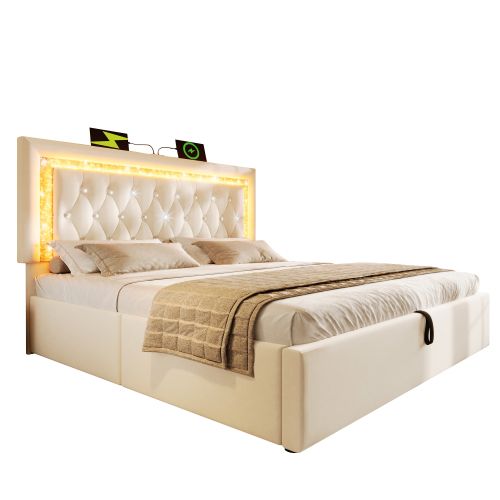 Lit Double 180x200 Cm-led-charge USB Et Type-c-espace De Rangement Hydraulique-en Velours-beige
