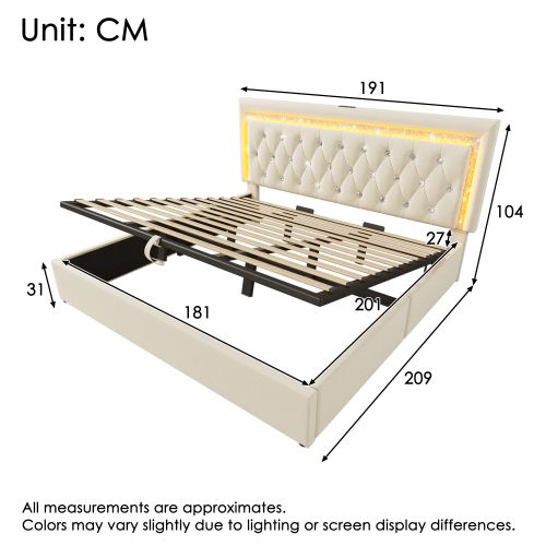 Lit Double 180x200 Cm-led-charge USB Et Type-c-espace De Rangement Hydraulique-en Velours-beige
