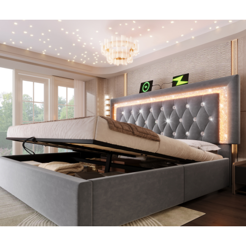 Lit Double 160x200 Cm-led-charge USB Et Type-c-espace De Rangement Hydraulique-en Velours-gris