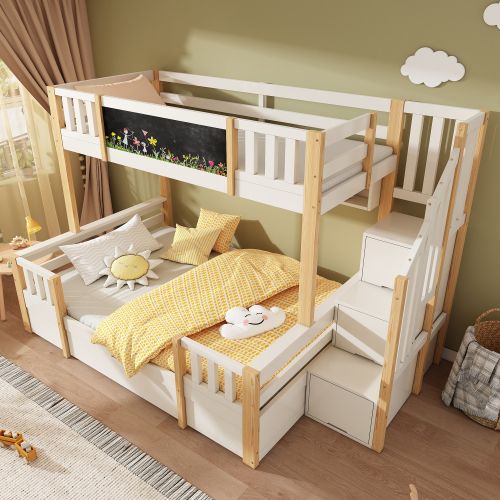 Lit Superposé 90x200 Et 140x200 Cm-en Bois Massif-avec Tableau Noi-lit Enfant-naturel Et Blanc