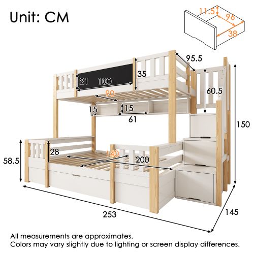 Lit Superposé 90x200 Et 140x200 Cm-en Bois Massif-avec Tableau Noi-lit Enfant-naturel Et Blanc