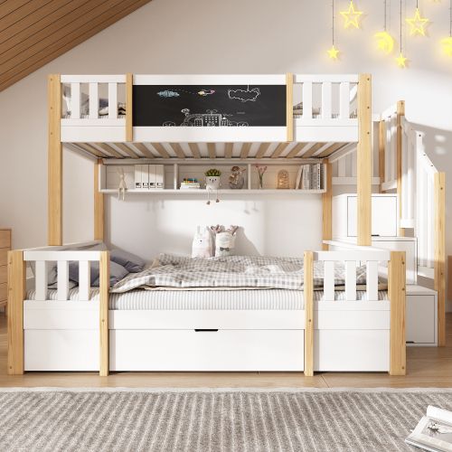 Lit Superposé 90x200 Et 140x200 Cm-en Bois Massif-avec Tableau Noi-lit Enfant-naturel Et Blanc