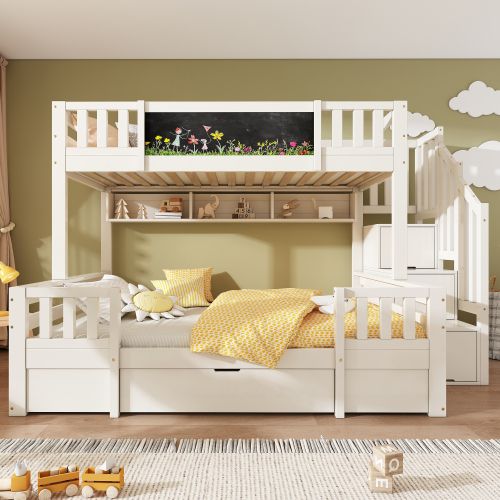 Lit Superposé 90x200 Et 140x200 Cm-en Bois Massif-avec Tableau Noi-lit Enfant-blanc