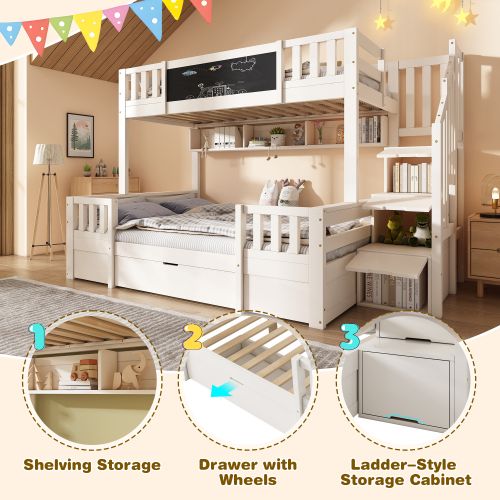 Lit Superposé 90x200 Et 140x200 Cm-en Bois Massif-avec Tableau Noi-lit Enfant-blanc