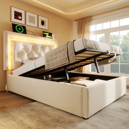 Lit Simple 90x200 Cm-led-charge USB Et Type-c-espace De Rangement Hydraulique-en Velours-beige