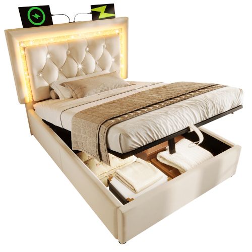 Lit Simple 90x200 Cm-led-charge USB Et Type-c-espace De Rangement Hydraulique-en Velours-beige
