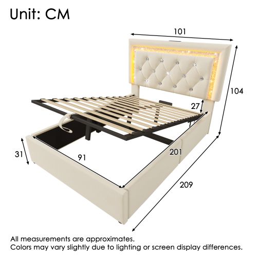 Lit Simple 90x200 Cm-led-charge USB Et Type-c-espace De Rangement Hydraulique-en Velours-beige