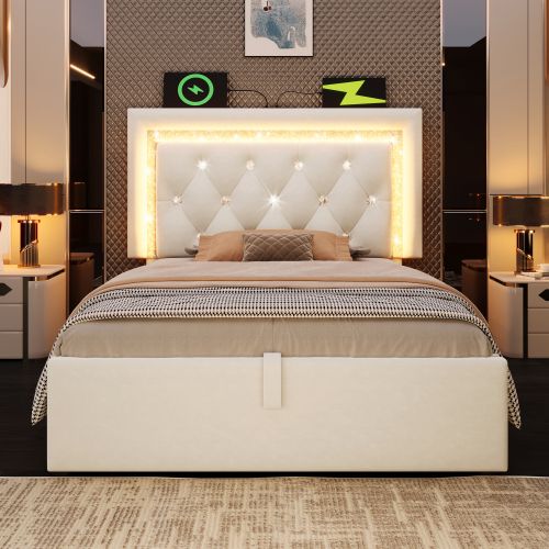 Lit Simple 90x200 Cm-led-charge USB Et Type-c-espace De Rangement Hydraulique-en Velours-beige