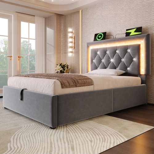 Lit Simple 90x200 Cm-led-charge USB Et Type-c-espace De Rangement Hydraulique-en Velours-gris