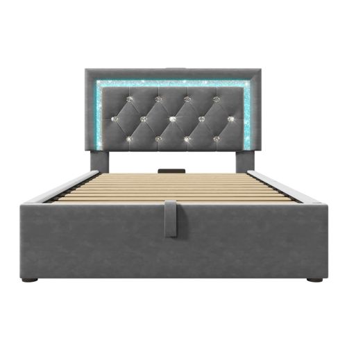 Lit Simple 90x200 Cm-led-charge USB Et Type-c-espace De Rangement Hydraulique-en Velours-gris