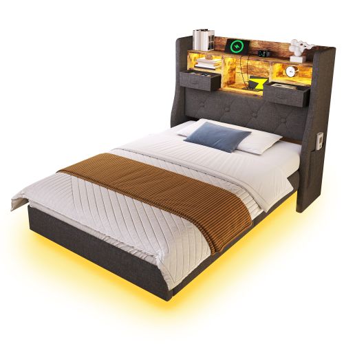 Lit Suspendu 90x200 Cm-led-tête De Lit Et Station De Charge -lit Simple -lin-gris