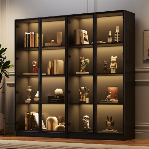 Vitrine Avec Éclairage LED-avec Étagères Réglables-armoire De Rangement à 4 Portes Pour Salon-noir