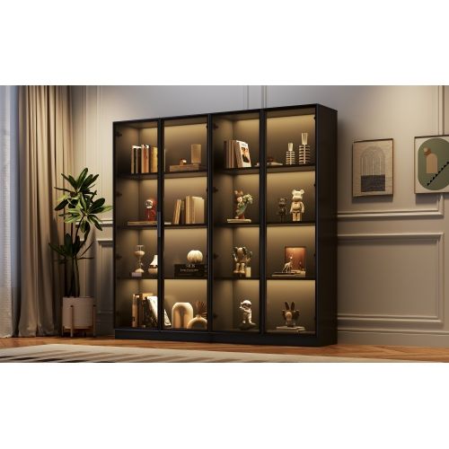 Vitrine Avec Éclairage LED-avec Étagères Réglables-armoire De Rangement à 4 Portes Pour Salon-noir