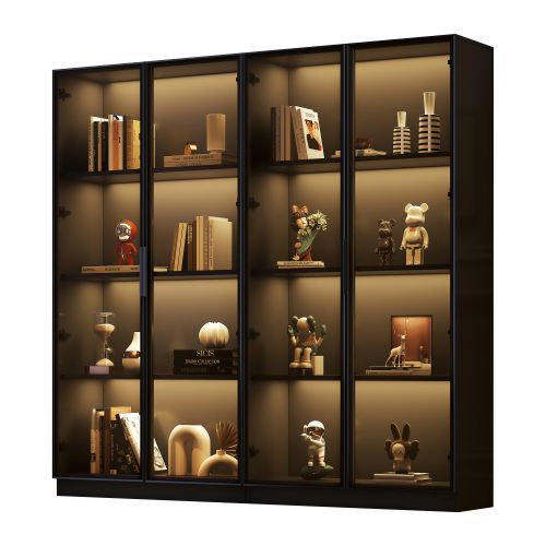 Vitrine Avec Éclairage LED-avec Étagères Réglables-armoire De Rangement à 4 Portes Pour Salon-noir