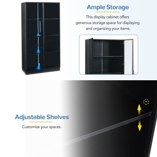 Vitrine Avec Éclairage LED-avec Étagères Réglables-armoire De Rangement à 4 Portes Pour Salon-noir