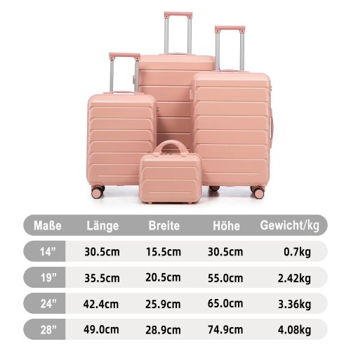 Ensemble De 4 Valises à Roulettes-en Abs–cadenas à Combinaison Intégré Et Trousse De Toilette-rose