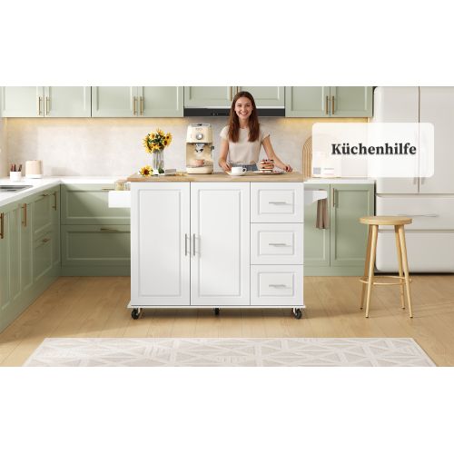 Îlot De Cuisine Mobile-plateau En Chêne-desserte-porte-serviettes-blanc