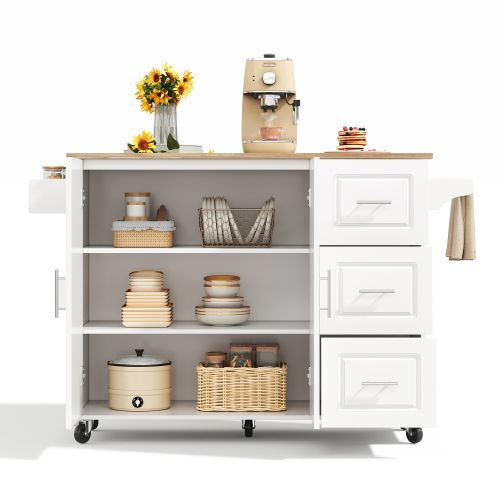 Îlot De Cuisine Mobile-plateau En Chêne-desserte-porte-serviettes-blanc