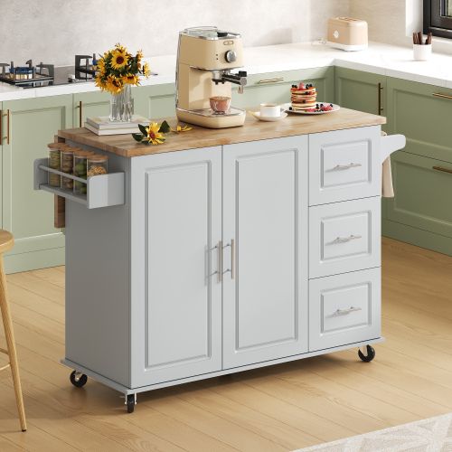 Îlot De Cuisine Mobile-plateau En Chêne-desserte-porte-serviettes-gris