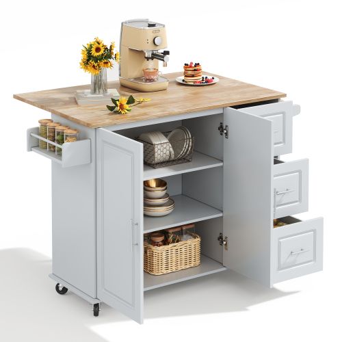 Îlot De Cuisine Mobile-plateau En Chêne-desserte-porte-serviettes-gris