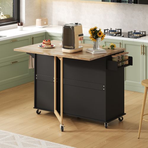 Îlot De Cuisine Mobile-plateau En Chêne-desserte-porte-serviettes-noir