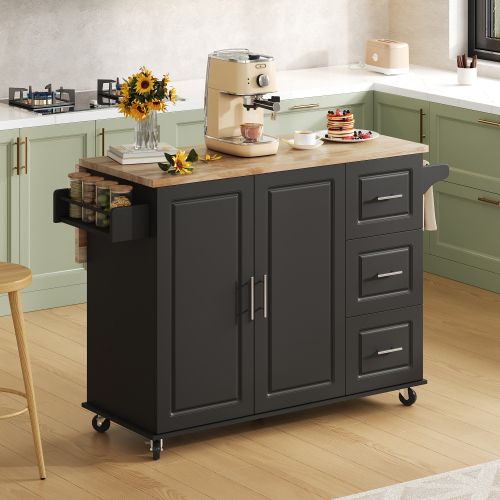 Îlot De Cuisine Mobile-plateau En Chêne-desserte-porte-serviettes-noir