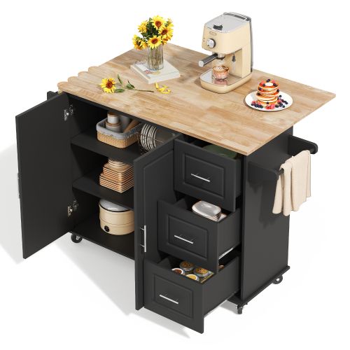 Îlot De Cuisine Mobile-plateau En Chêne-desserte-porte-serviettes-noir