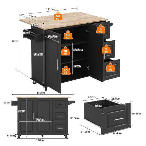 Îlot De Cuisine Mobile-plateau En Chêne-desserte-porte-serviettes-noir