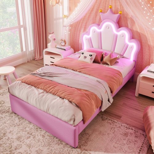 Lit Enfant 90 X 200cm-collection Lit De Princesse-led-avec 2 Tiroirs-tête De Lit Réglable-rose