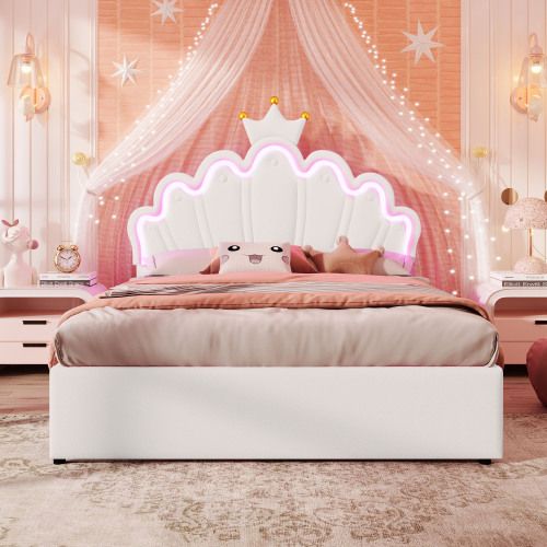 Lit Enfant 140 X 200cm-collection Lit De Princesse-led-avec 2 Tiroirs-tête De Lit Réglable-blanc