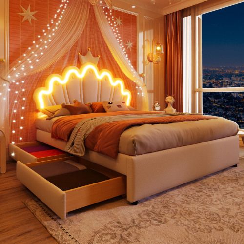 Lit Enfant 140 X 200cm-collection Lit De Princesse-led-avec 2 Tiroirs-tête De Lit Réglable-blanc