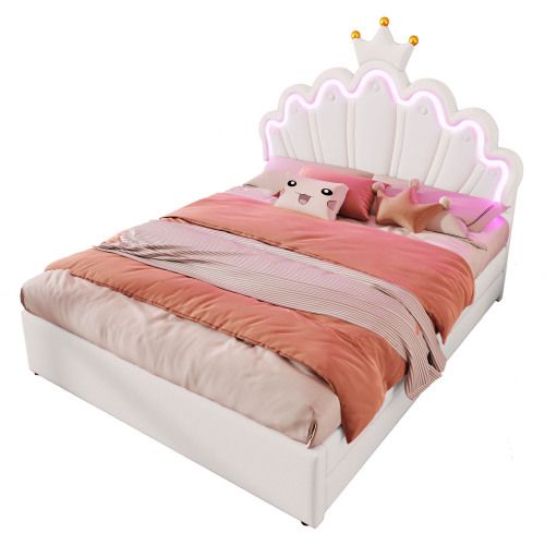 Lit Enfant 140 X 200cm-collection Lit De Princesse-led-avec 2 Tiroirs-tête De Lit Réglable-blanc