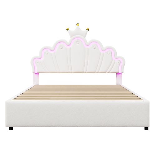 Lit Enfant 140 X 200cm-collection Lit De Princesse-led-avec 2 Tiroirs-tête De Lit Réglable-blanc