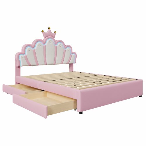 Lit Enfant 140 X 200cm-collection Lit De Princesse-led-avec 2 Tiroirs-tête De Lit Réglable-rose