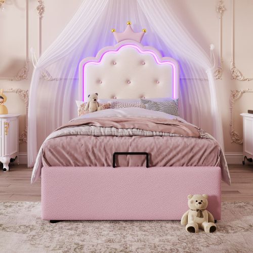Lit Enfant 90 X 200 Cm-collection Lit De Princesse-led-rangement Hydraulique-en Pu-rose