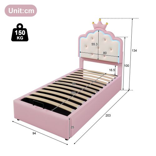 Lit Enfant 90 X 200 Cm-collection Lit De Princesse-led-rangement Hydraulique-en Pu-rose