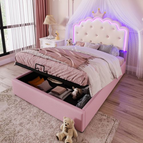 Lit Enfant 140 X 200 Cm-collection Lit De Princesse-led-rangement Hydraulique-en Pu-rose