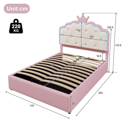 Lit Enfant 140 X 200 Cm-collection Lit De Princesse-led-rangement Hydraulique-en Pu-rose