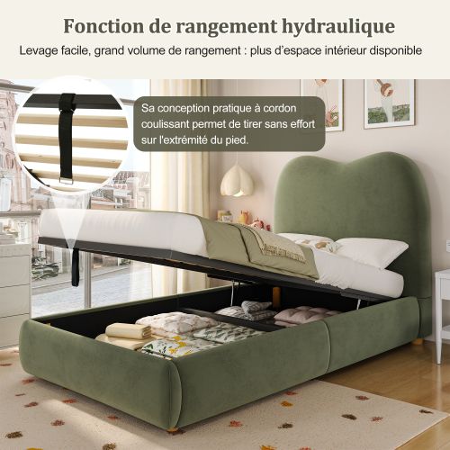 Lit Enfant 90 X 200 cm-Lit Coffre-rangement Hydraulique-Velours-Vert