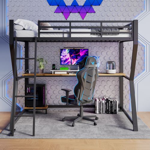 Haut Lit 90x200cm Gaming Avec Bureau Et LED, Noir