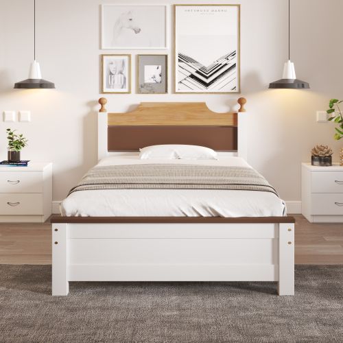 Lit Double En Bois-design Contrasté-cadre En Pin -lit Jeune, Lit Adulte-90x200 Cm-blanc