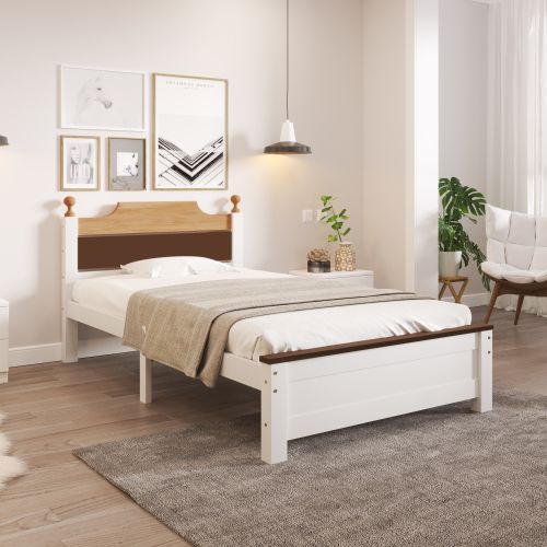 Lit Double En Bois-design Contrasté-cadre En Pin -lit Jeune, Lit Adulte-90x200 Cm-blanc