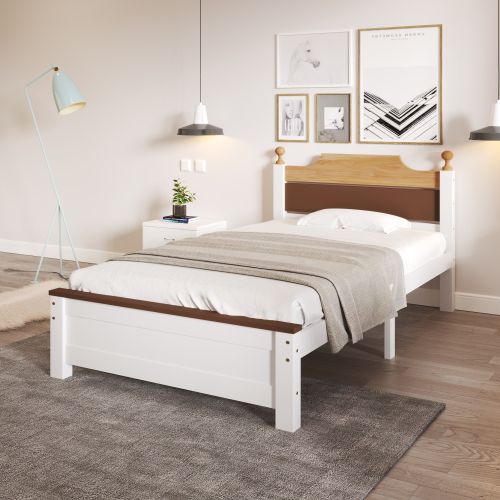 Lit Double En Bois-design Contrasté-cadre En Pin -lit Jeune, Lit Adulte-90x200 Cm-blanc