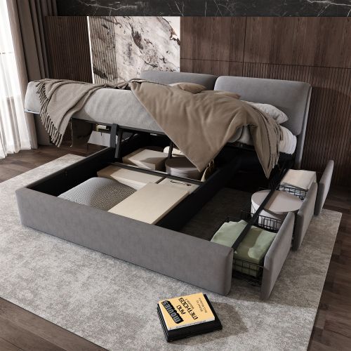 Lit Double 160*200cm-sommier Hydraulique-rangement-3 Tiroirs-lit Adulte-en Velours-gris