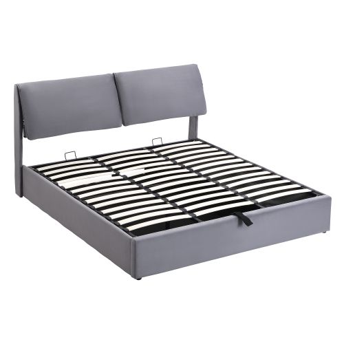 Lit Double 160*200cm-sommier Hydraulique-rangement-3 Tiroirs-lit Adulte-en Velours-gris