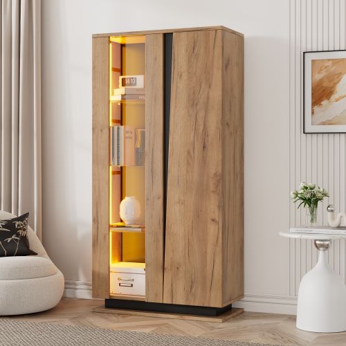 Vitrine 160 Cm-avec Séparateurs En Verre-meuble De Salon à 8 Étagère-Naturel